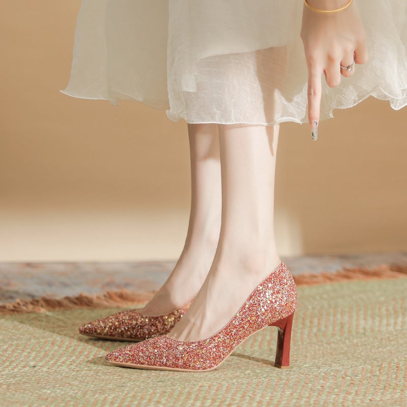 Red Bride Shoes Autumn New Fashion Show Heeled Wedding Shoes Temperament Pointed Shallow Not Tired Feet Small Thick Heeled - Image 3